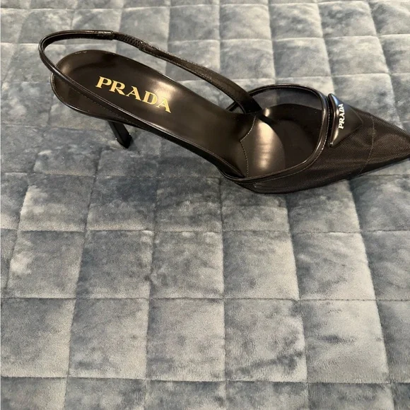 Prada Black Mesh & Leather Slingback Pumps - Picture 2 of 5